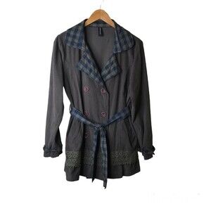 Sacred Threads Womens Size L Shacket Cotton Corduroy Crochet Plaid‎ Belt Green